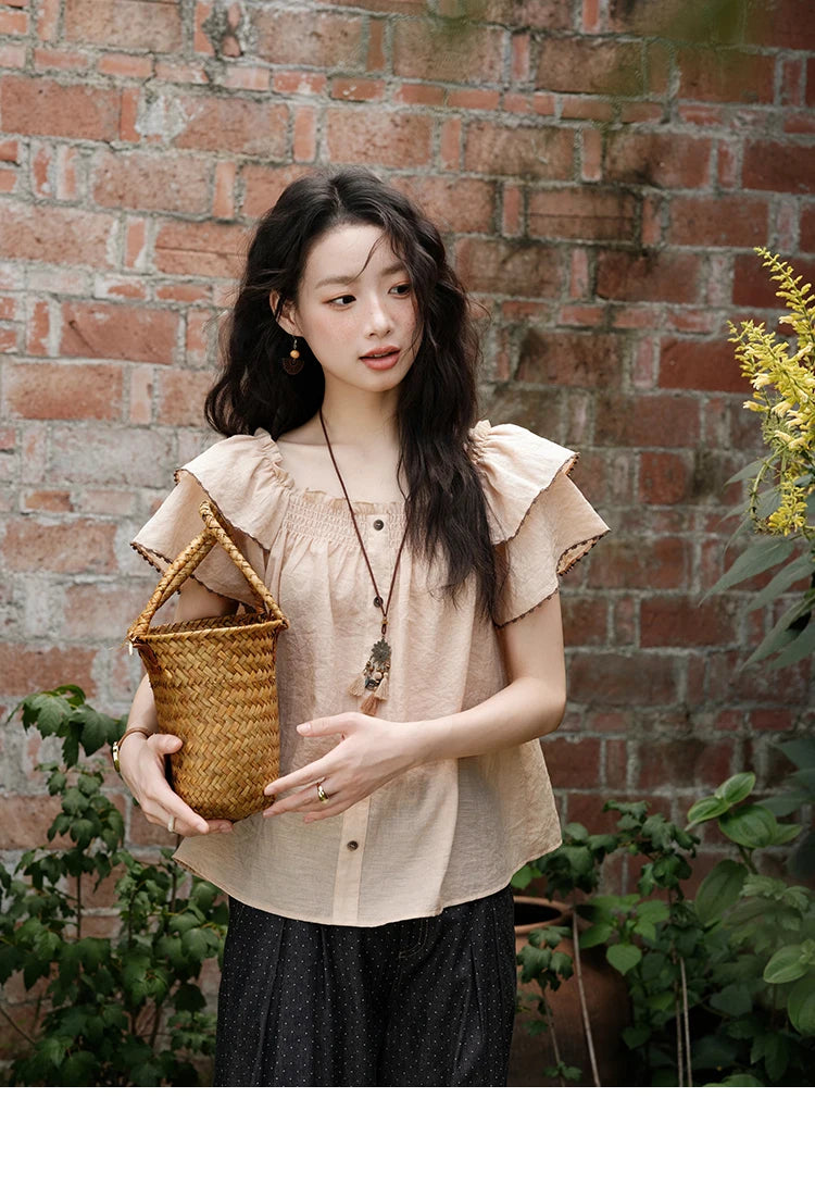 MISHOW Women's Fashion Butterfly Sleeve Blouse Summer 2025 New Loose Casual Square Neck Button Top Women's Clothing MXE37X1854