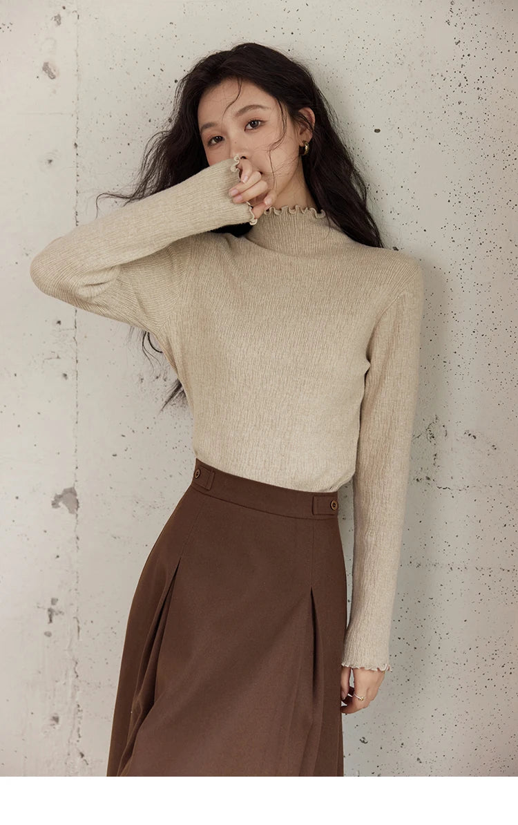 MISHOW Bottom Knitted Sweater Women Ruffled Edge High Collar Long Sleeve 2025 Winter Solid Slim Thin Internal Tops MXD48Z0850