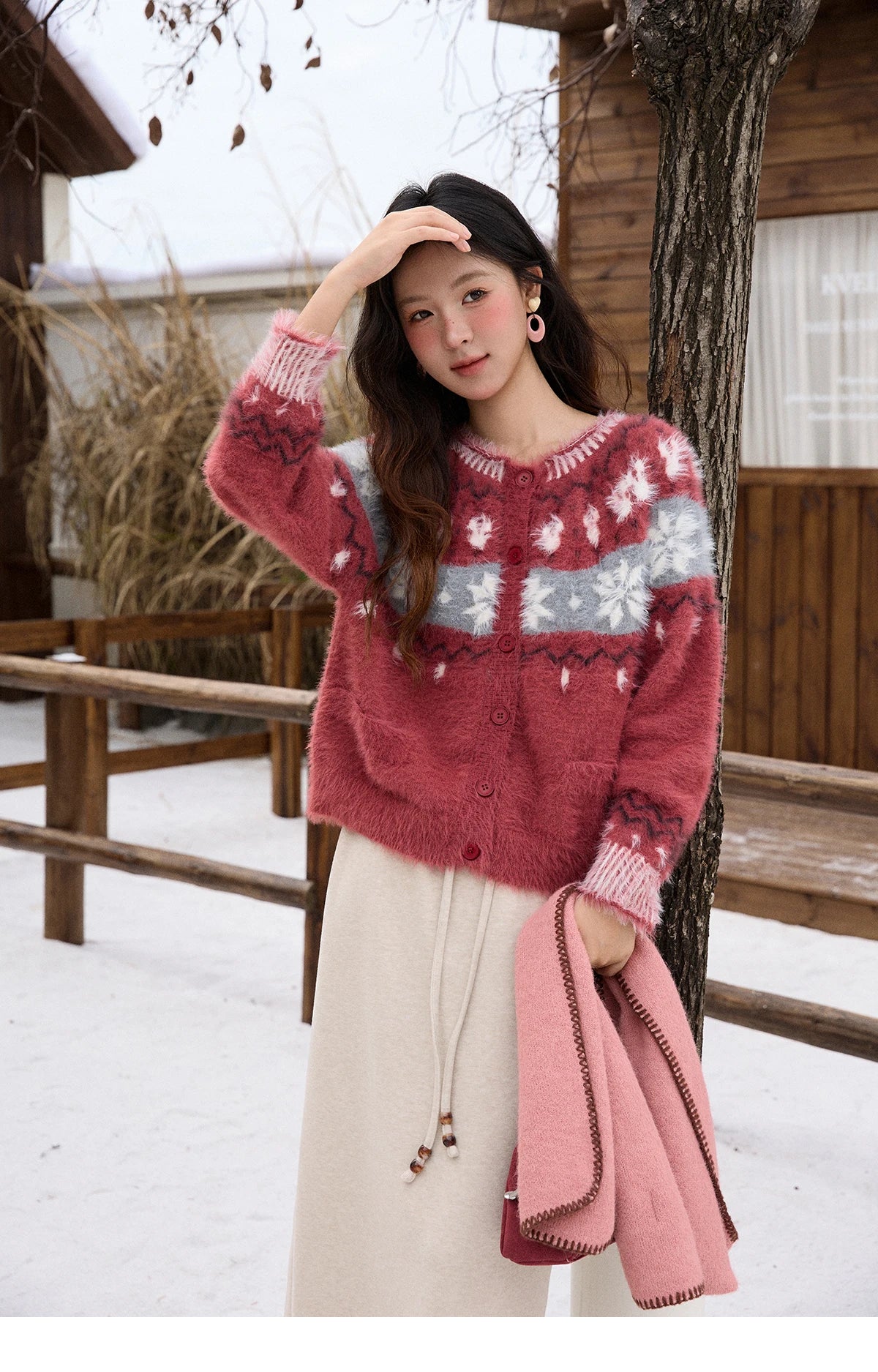 MISHOW Christmas Retro Red Imitation Mink Fur Soft Cardigan 2025 Winter Snowflake Jacquard Sweater Round Neck Tops MXE91Z2801