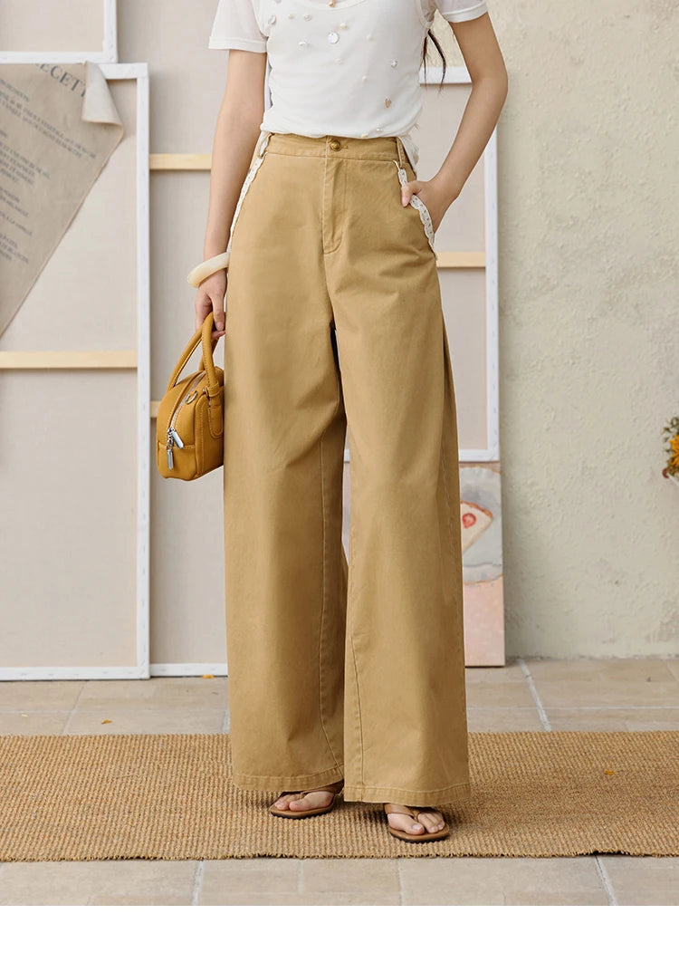 MISHOW 100Cotton Khaki Lace Patchwork Wide Leg Pants for Summer 2025 High Waist Straight Leg Trousers Commuting Pants MXE34K0925