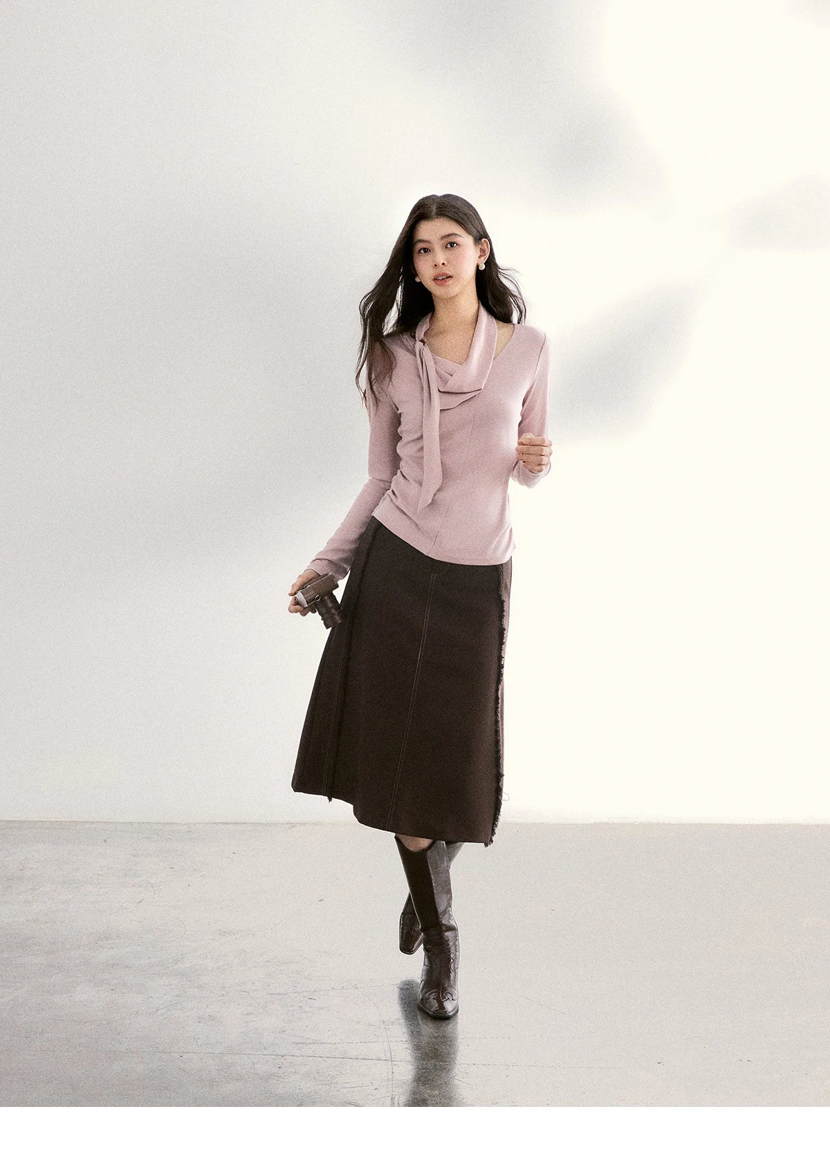 MISHOW Women's Scarf Neck Pink Long Sleeve Top 2026 Spring Color Collision Bead Asymmetrical Tops Knitted Sweaters MXF108Z1025