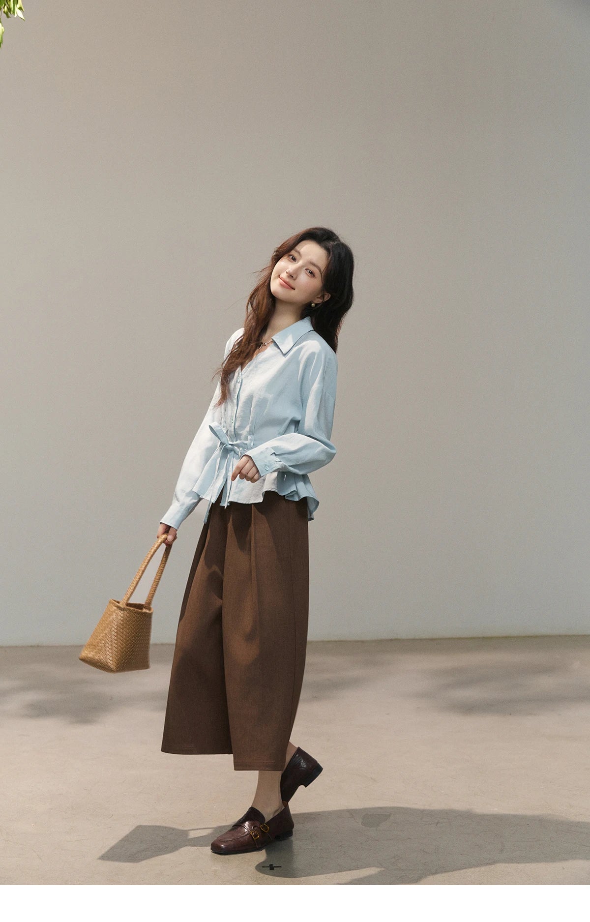 MISHOW Women's Light Blue Lyocell Shirt 2026 Spring Polo Neck V-neck Belted Waist Shirt Casual Peplum Long Sleeve Top MXF13C2437