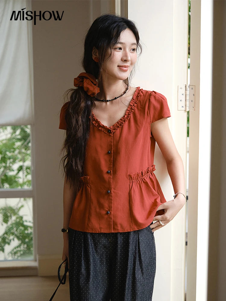 MISHOW Women's Summer Clothes 2025 Fashion Mushroom Edge V-neck Blouse Office Lady Casual Short Sleeve Button Top MXE38X1867