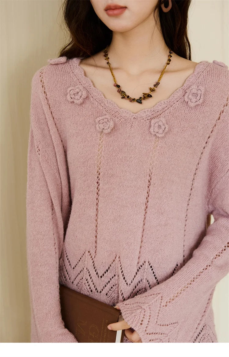 MISHOW Elegant Women's Sweaters 2025 Autumn Purple Hollow Out Wave V-neck Crochet Design Knitted Top Casual Pullovers MXE45Z1391
