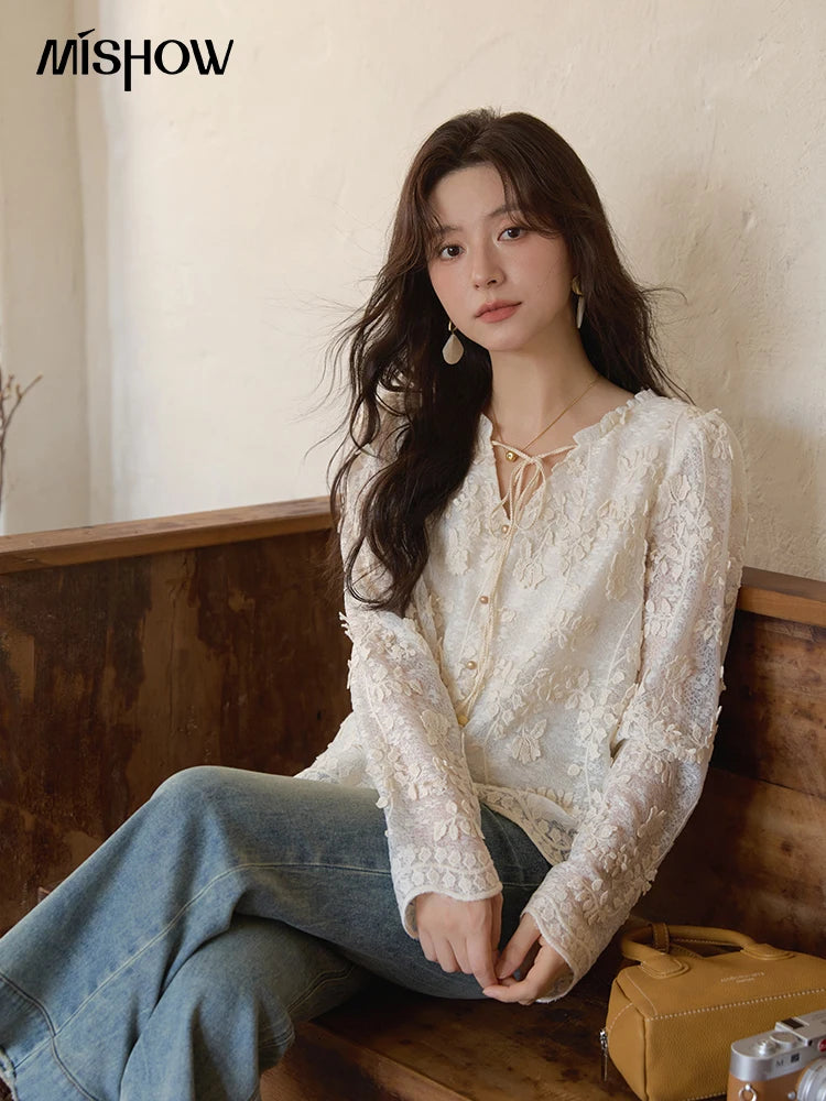 MISHOW Apricot Lace Jacquard Embroidered Shirt 2025 Autumn Black Fungus Edge Lace-up Vintage Commuter Top Office Lady MXE41X1927