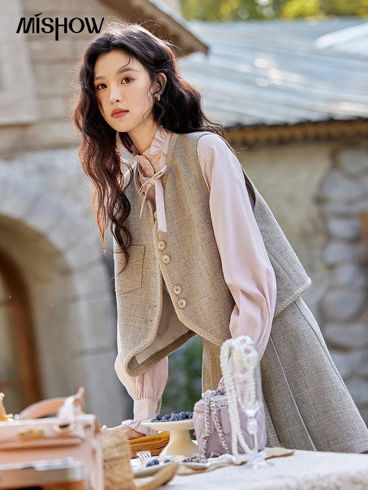 MISHOW Korean Woolen Texture Vest Short Skirt Separately Spring Outfit V-neck Vest Coats Slim A-line Pleated Skirts MXE13W0708