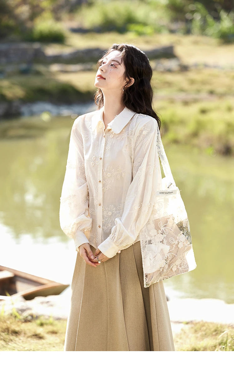 MISHOW 100Cotton Embroidered Jacquard Shirt for Women Spring 2025 Long Sleeved Loose Top Lapel Single Breasted Shirts MXE12C0391