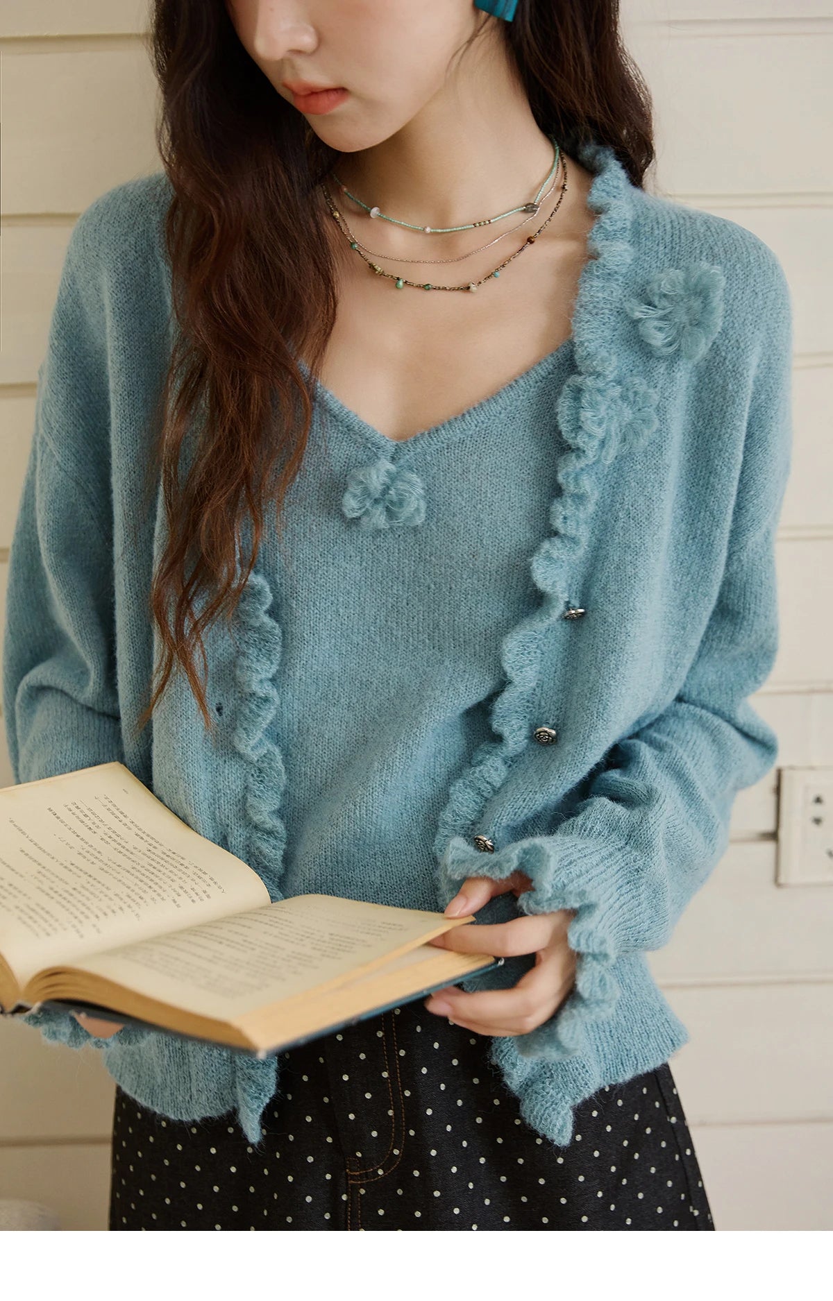 MISHOW Blue Knitted Cardigan Strap Two Piece Set 2025 Autumn Sweater Cardigan Lotus Leaf Edge Flower V-neck Camis Set MXE45T1377