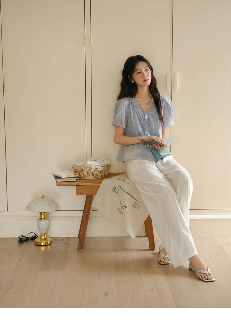 MISHOW Women's Fashion V-neck Blouse Summer 2025 New Splicing Button Commut Ladies Lace Up Casual Short Sleeve Top MXE34X1821