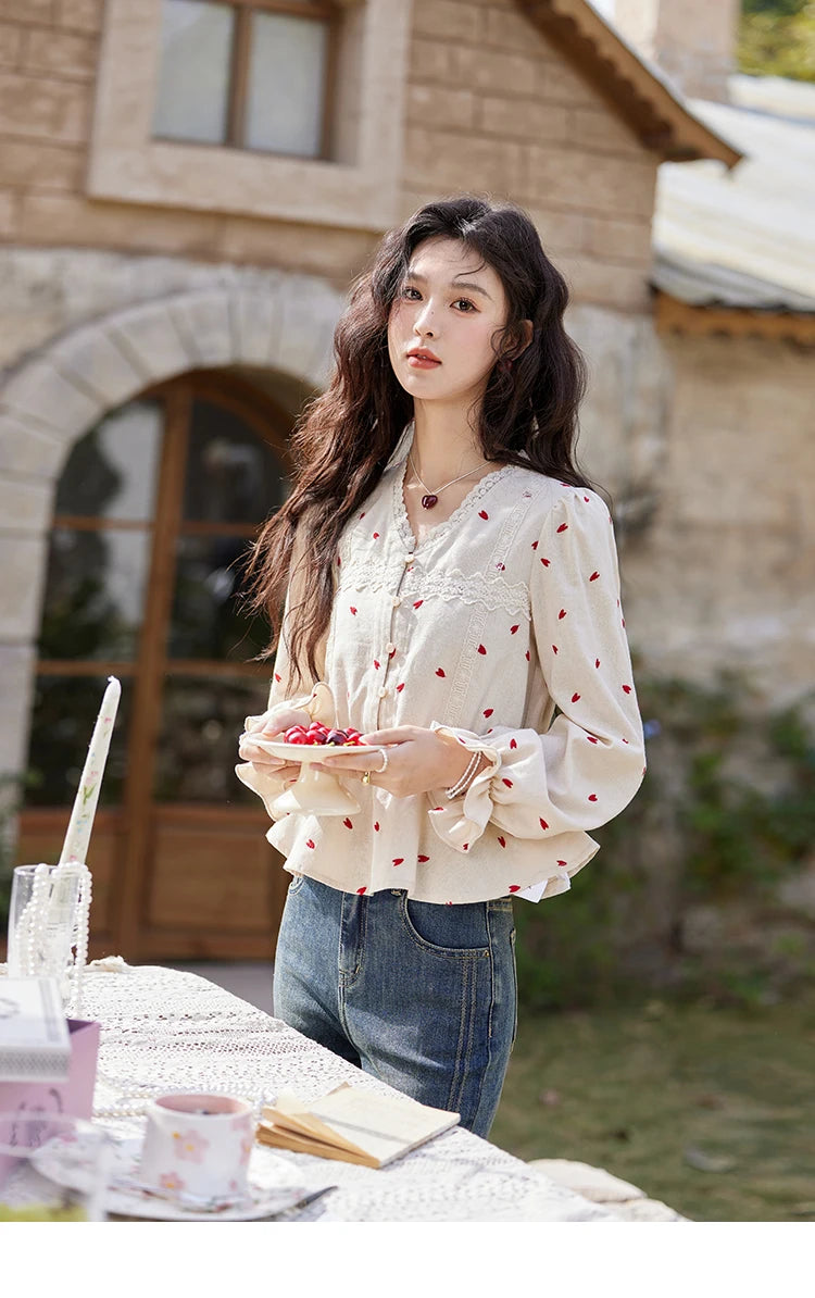 MISHOW Women's Love Embroidered V-neck Blouses 2025 Spring Linen Cotton Retro Slim Tops Sweet Waist Ruffle Blouse MXE13X1700