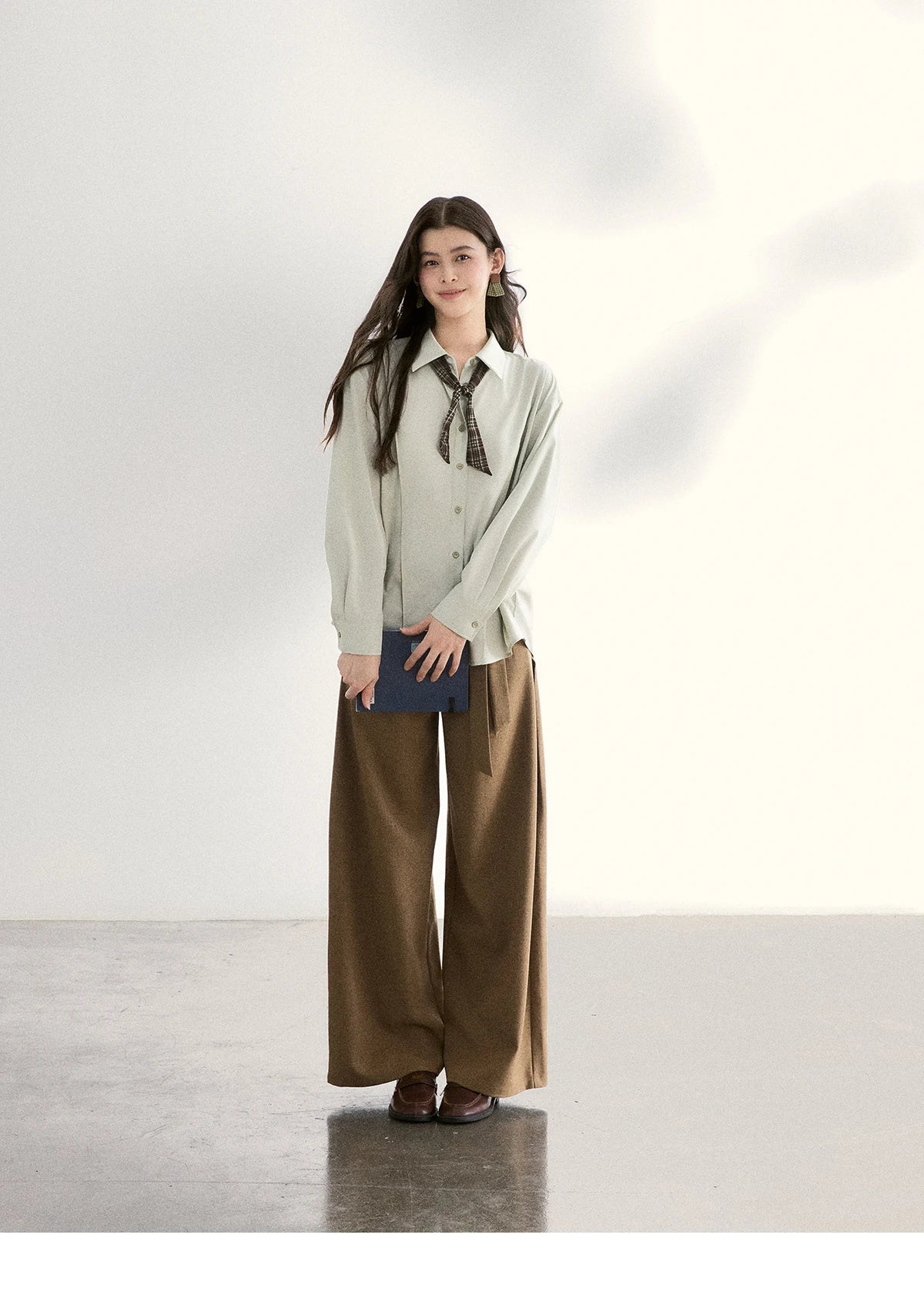 MISHOW Women's Casual Loose Shirt with Plaid Scarf 2026 Spring Lapel Tops Versatile Long Sleeve Shirts Office Lady MXF108C0815