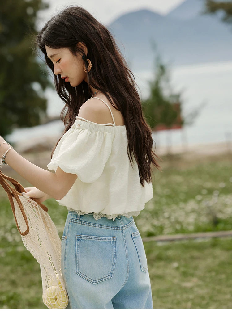 MISHOW French Summer Camisole Shirt Female 2025 New Solid Off-shoulder Short Sleeve Lace Tops Fashion Gentle Blouses MXE33X1755