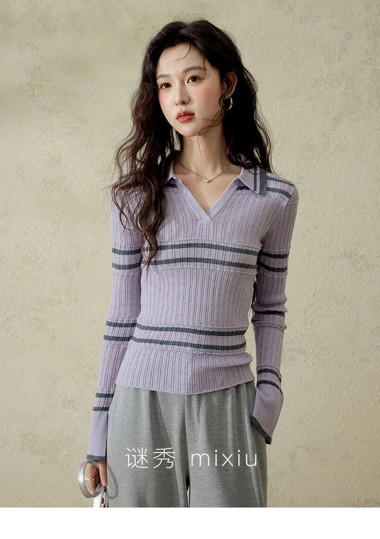 MISHOW Striped Knitted Tops for Women Spring 2025 Contrast Color Striped Slim V-neck Trumpet Sleeves Commuter Outfit MXE13Z1141