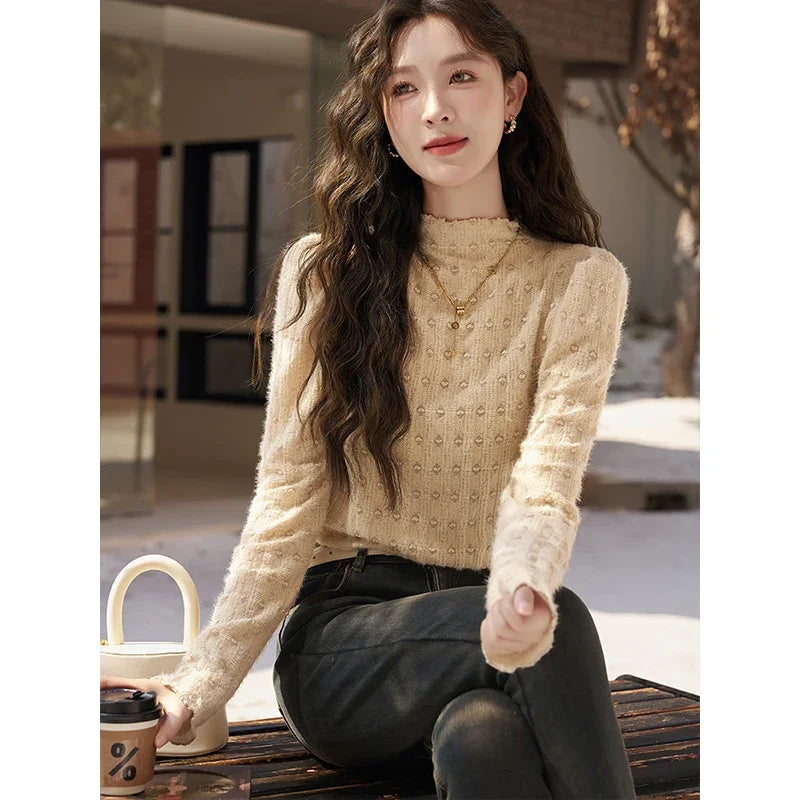 MISHOW Lace Bottoming Shirt Women Autumn Winter Mock Neck Long Sleeve Knitted Pullover French Warm Inner Top Female MXC58Z0481