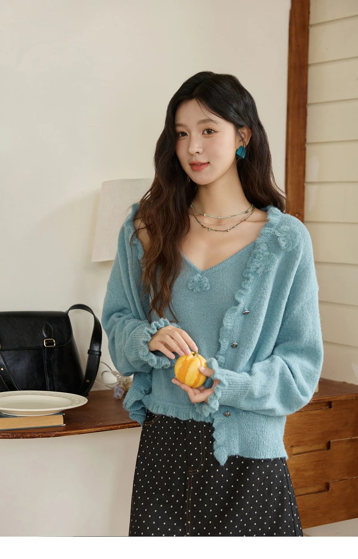 MISHOW Blue Knitted Cardigan Strap Two Piece Set 2025 Autumn Sweater Cardigan Lotus Leaf Edge Flower V-neck Camis Set MXE45T1377