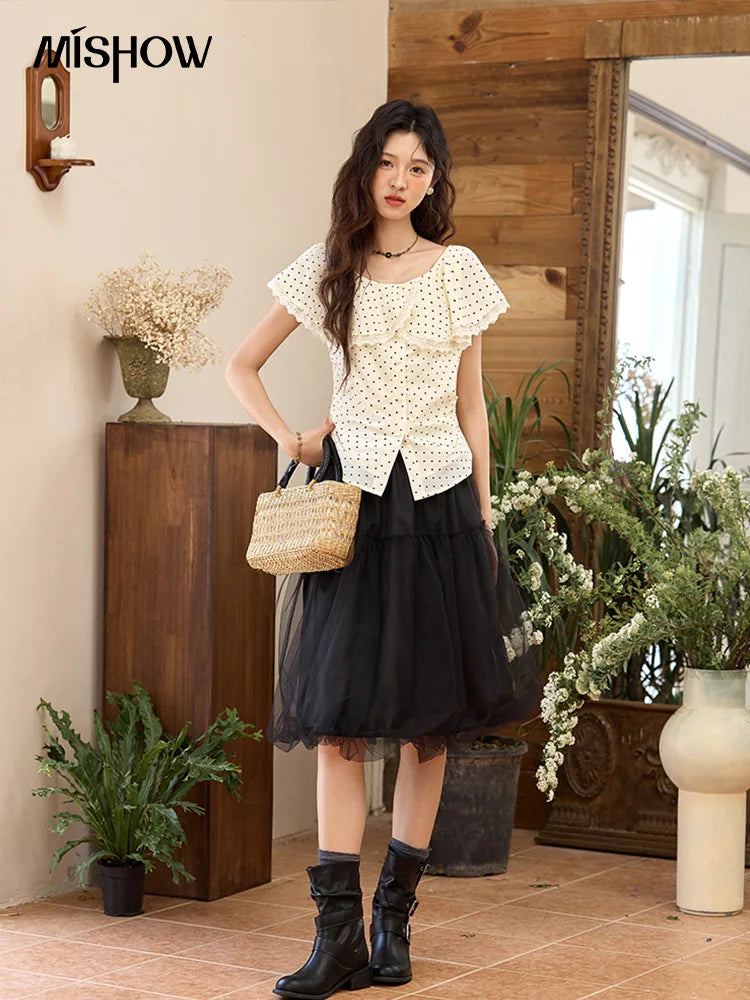 MISHOW Women's Apricot Polka Dot Shirt 2025 Summer French Ruffle Edge Patchwork Lace Shirts Short Sleeved Slim Top MXE34X1783