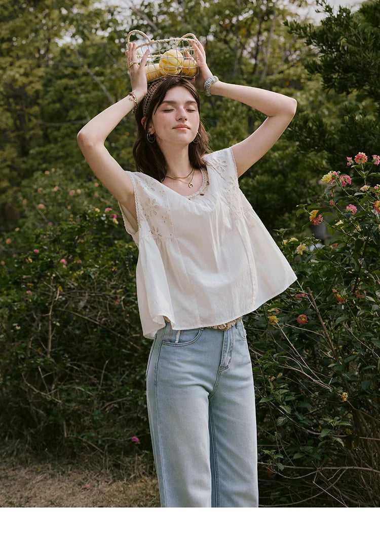 MISHOW French Summer Elegant Blouses Women 2025 Solid Short Flying Sleeve Round Neck Hollow Lace Shirts Woman Fashion MXE33X1778