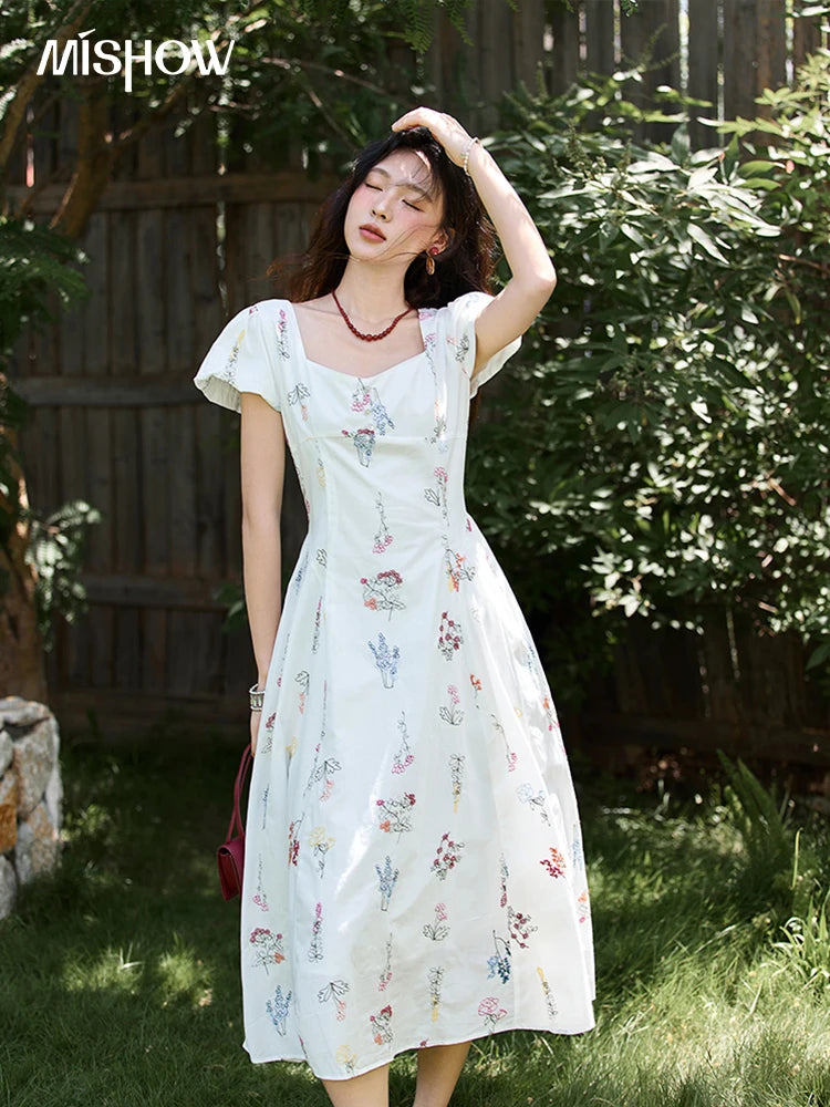 MISHOW Ladies Embroidery Square Neck Puff Sleeve Dress 2025 Summer French Retro Waist Slim Dresses Women's Clothing MXE39L2389