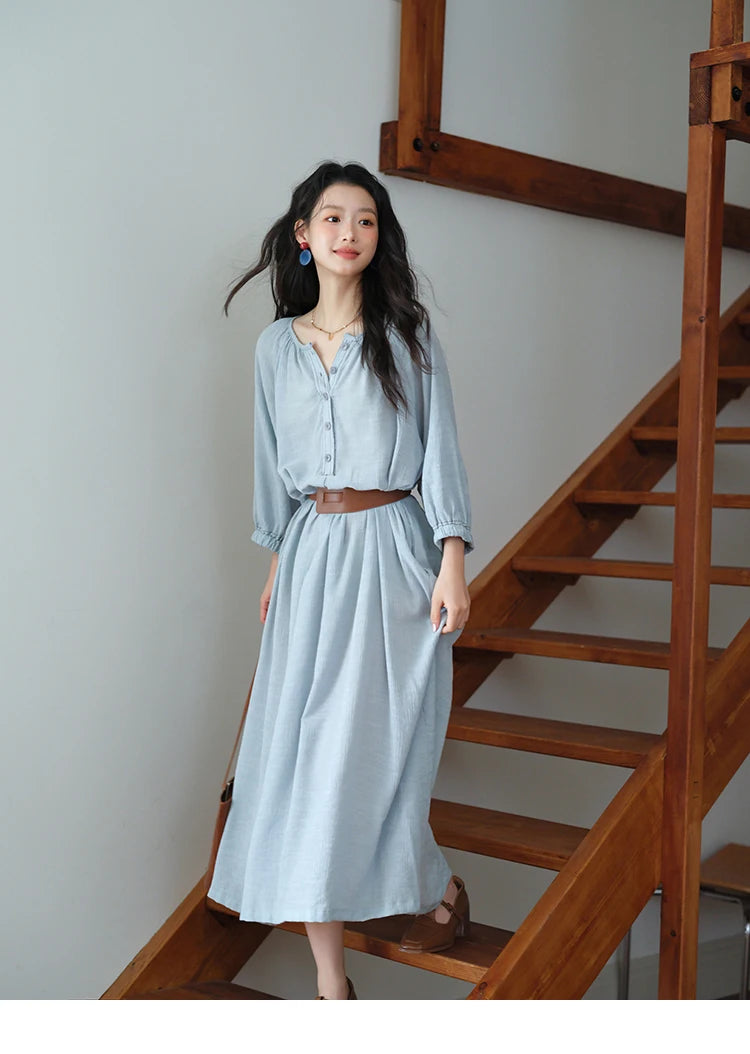 MISHOW Women's Half Sleeve Button Bamboo Knot Dress with Bohemian Belt 2025 Autumn Blue Long Dress Ladies Clothing MXE20L2468