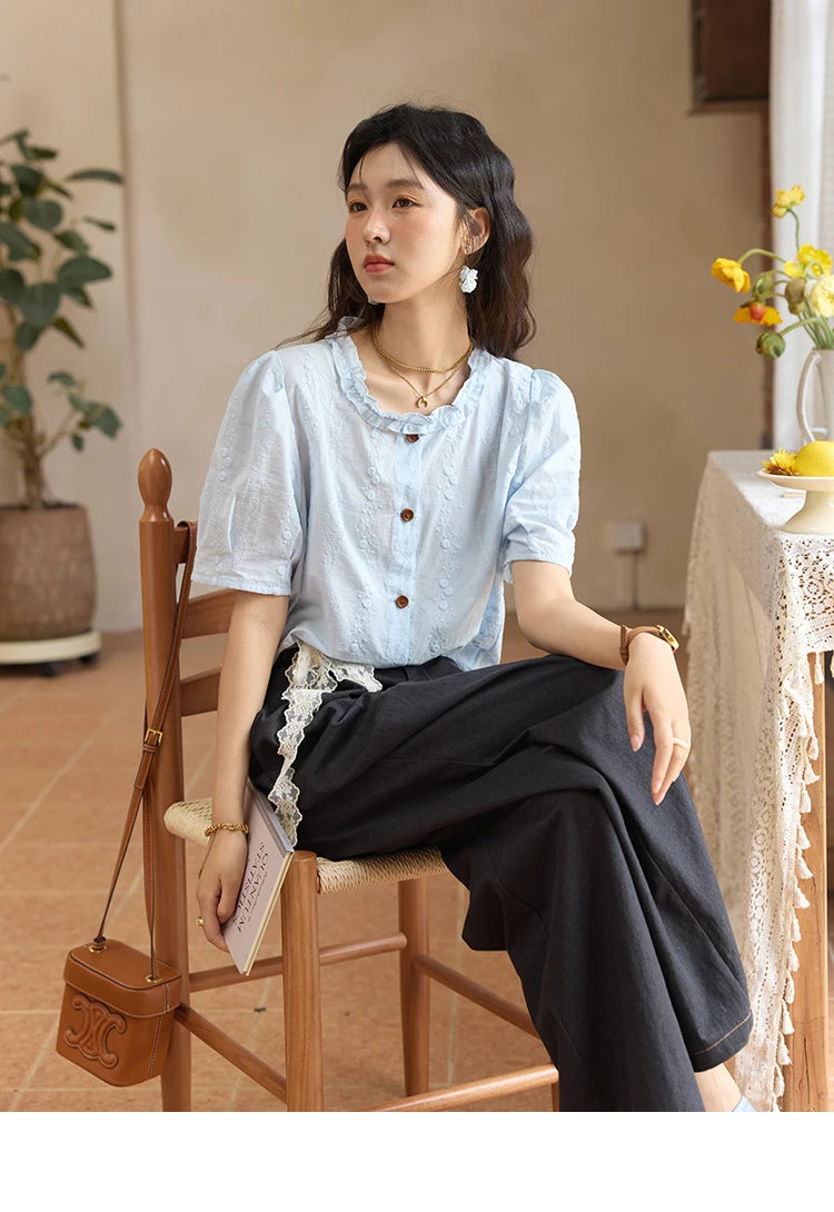MISHOW 100% Cotton Women's Puff Sleeve Shirt 2025 Summer New Fashion Round Neck Button Top Casual Female Clothing MXE36X1873