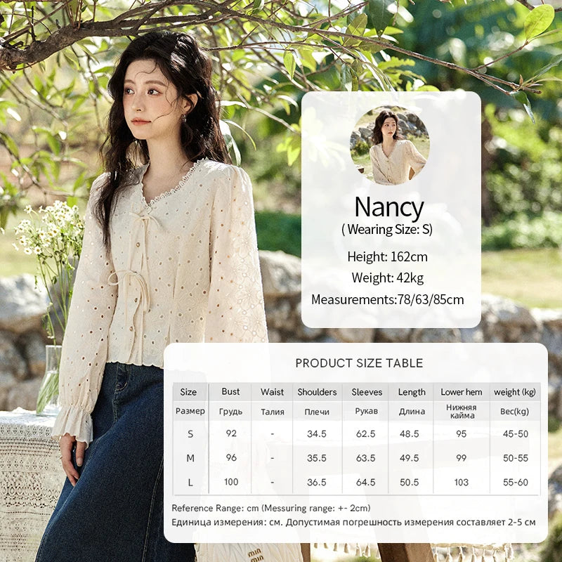 MISHOW Hollow Lace Shirt for Women Spring 2025 French Retro Lace100 Cotton Shirt V Neck Waist Elastic Cuffs Blouses MXE12X1710