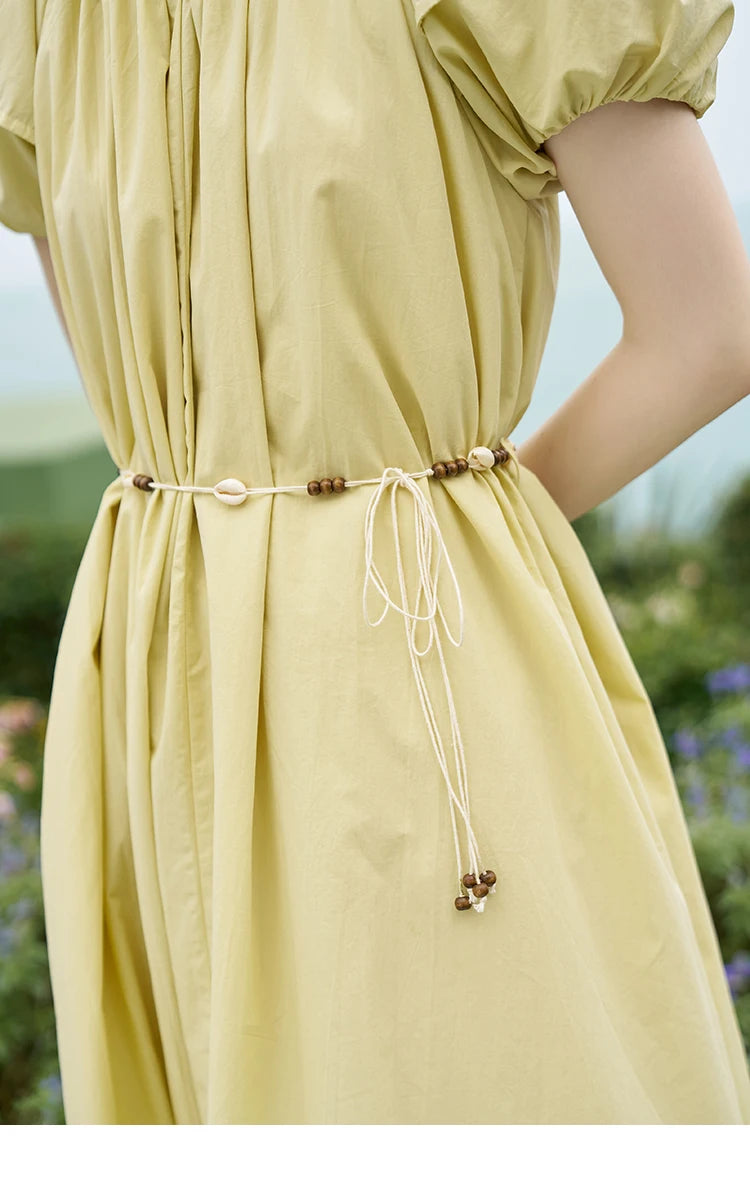 MISHOW 100 Cotton Bohemian Dress 2024 Summer French Elegant Elastic Round Neck Bubble Sleeve Long Dresses with Belt MXD26L1940