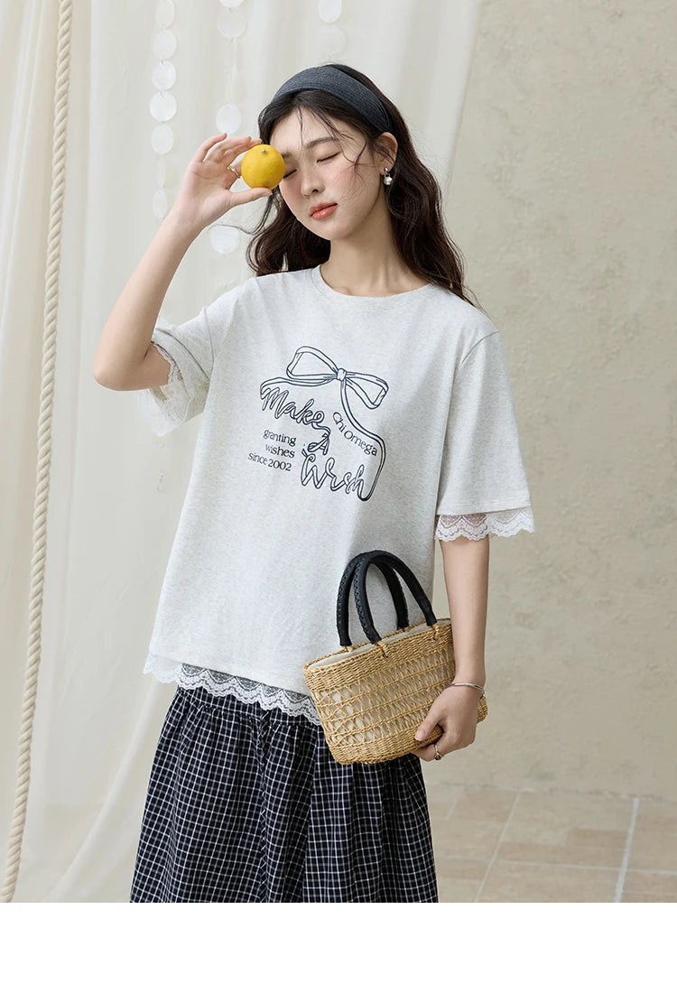 Mishow Print Lace Bow Detail Tee MXE32T0554