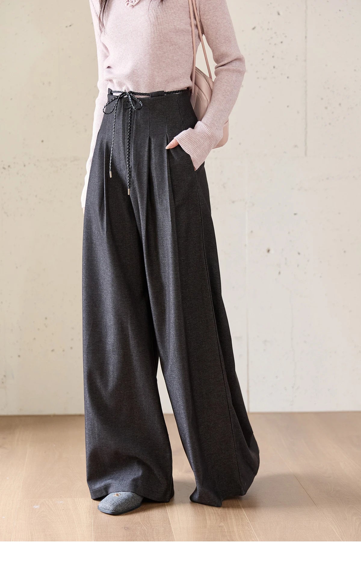 MISHOW Women's Trousers 2025 Autumn Winter Lace-up Gray Wide-leg Pants High Waist Slim Commuting Casual Pants Women MXE51K1106