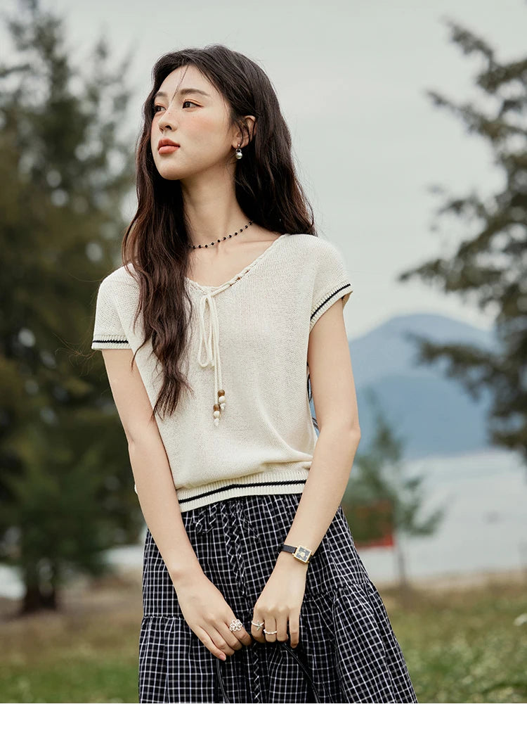 MISHOW Office Lady Summer Knitted Sweater V-neck Short Sleeve Solid Slimming Bead Design Pullover Female Lazy Tops MXE33Z1227