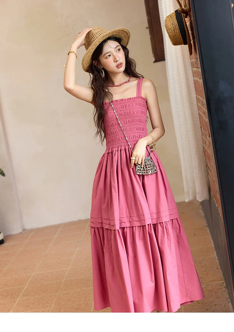 MISHOW Sling Square Collar Dress for Women 2025 Summer High Waist Pocket Fashion A-line Long Dress Ladies Clothing MXE36L2319