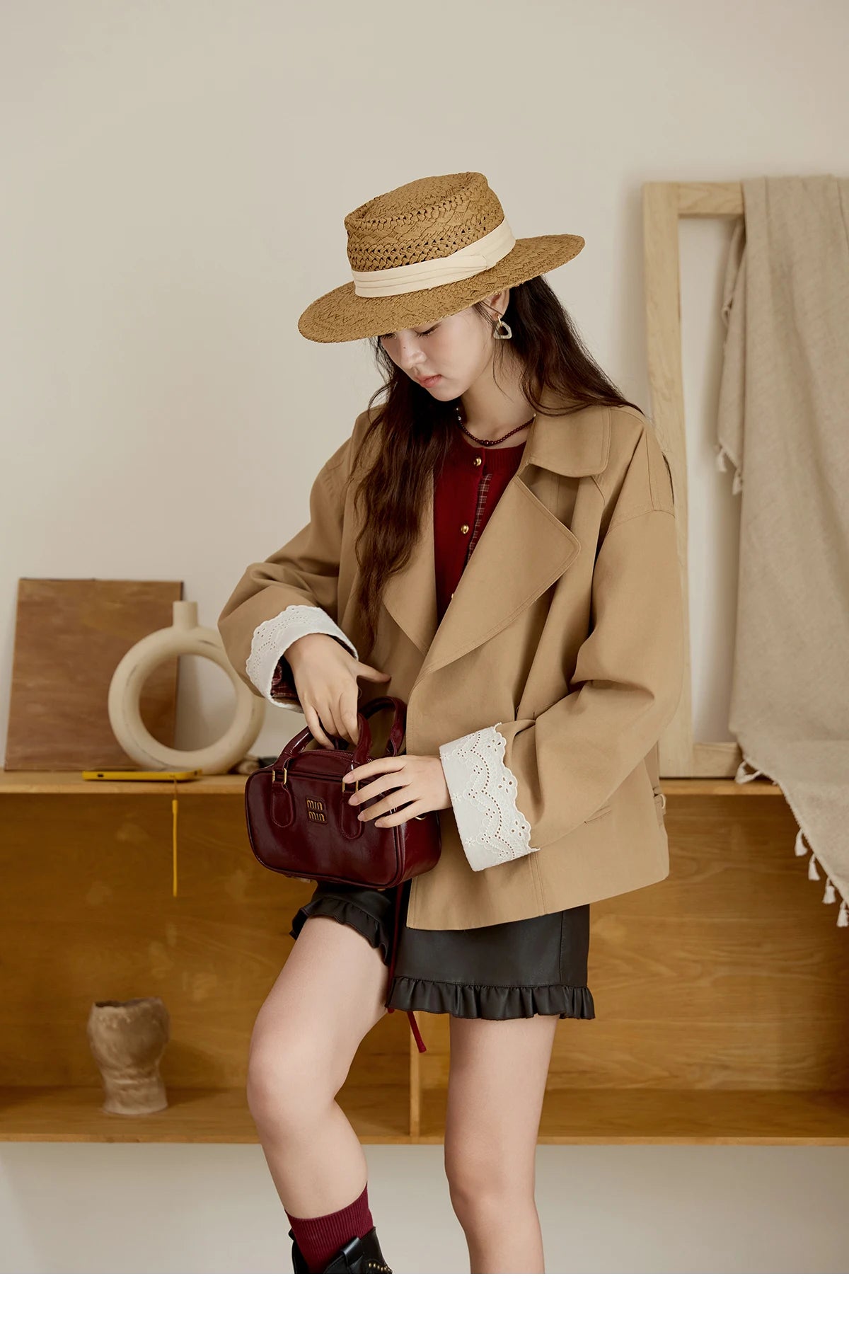 MISHOW Coats for Elegant Women Cotton 2025 Autumn Khaki Ruffled Cuff Splicing Lace Short Trench Coat Casual Jacket MXE45W0831