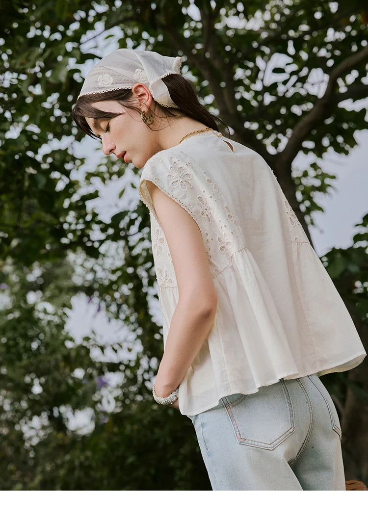 MISHOW French Summer Elegant Blouses Women 2025 Solid Short Flying Sleeve Round Neck Hollow Lace Shirts Woman Fashion MXE33X1778