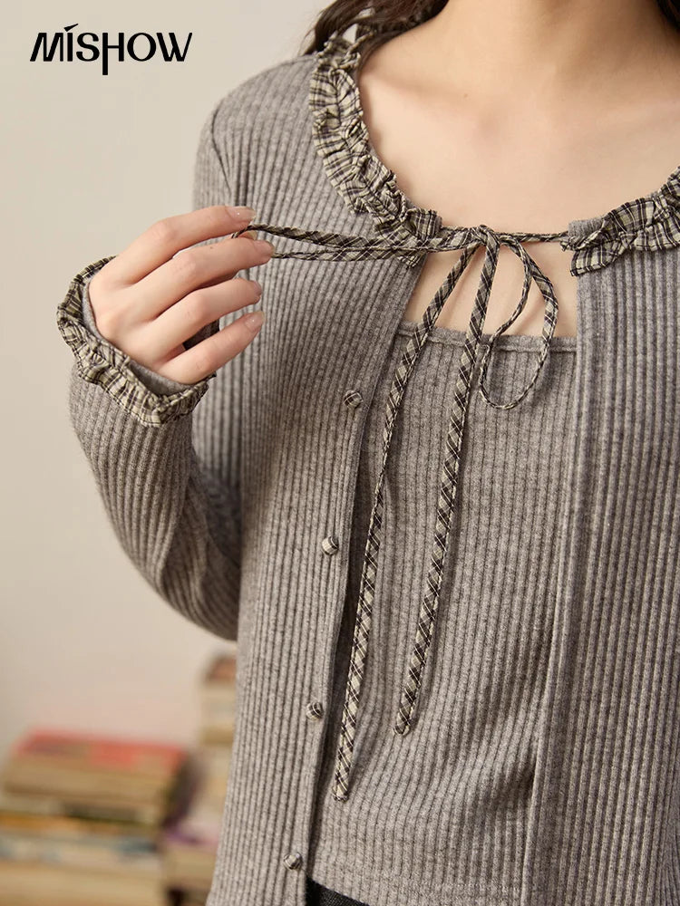 MISHOW Plaid Black Fungus Edge Tied Knitted Sweater for Women Autumn 2025 Pit Striped Knitted Fake Two-piece Top MXE44Z1361