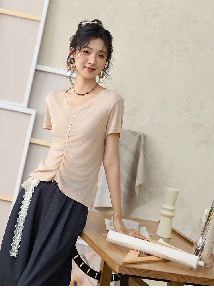 MISHOW V-neck Short Sleeve T-shirt Summer 2025 Mid Front Elastic Fold Single Row Shell Button Tees Casual Slim Tops MXE34T0560