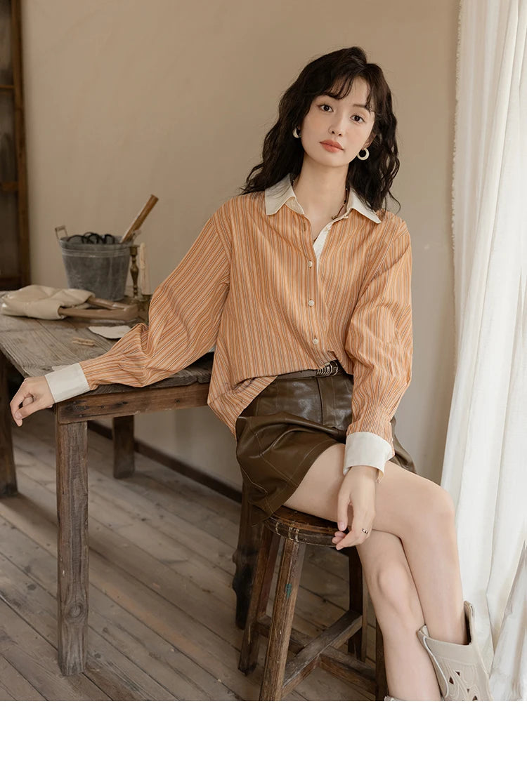 MISHOW Loose Striped Shirt for Women Autumn 2025 Contrasting Lapel Top Single Breasted Patchwork Shirts Office Lady MXD41C0286