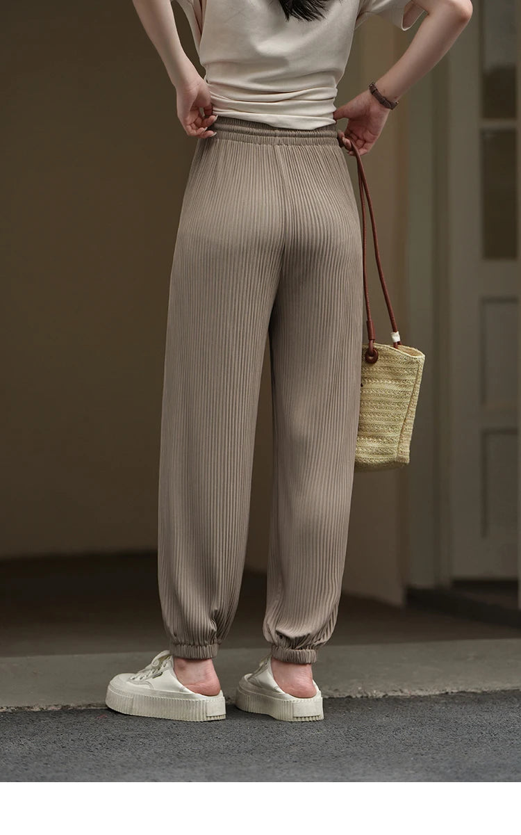 MISHOW Casual Pants for Women 2023 Summer Solid High Waist Slim Straight Elastic Waist Trousers Ankle-Length Pants MXC33K0069