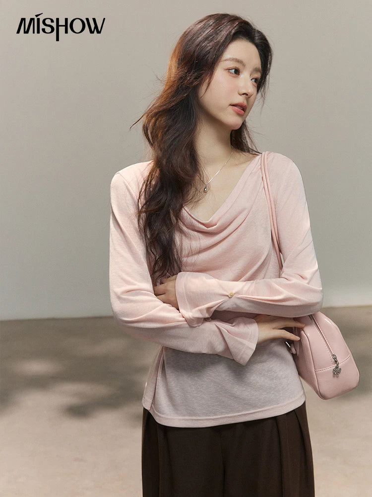 MISHOW Women's Multi Colored Knitted Top 2026 Spring Swinging Collar Flare Sleeve Top Side Twist Whist Casual T-Shirt MXF13T1473