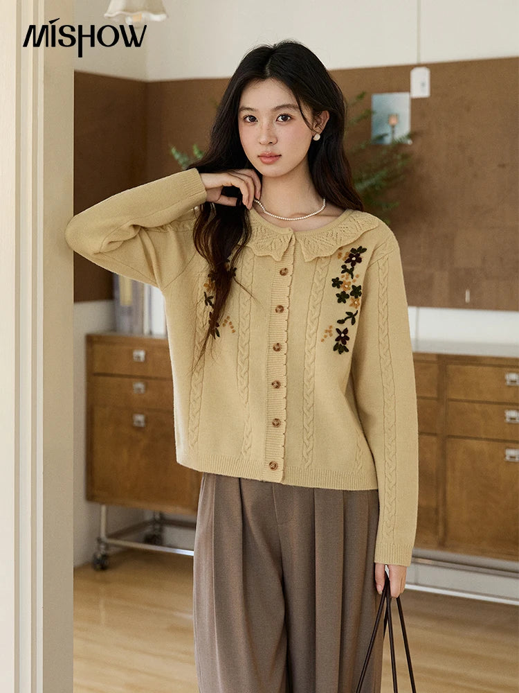 MISHOW Women's Cable Knit Cardigan Spring Peter Pan Collar Floral Embroidery Sweater Long Sleeve Casual Loose Tops MXF11Z2904