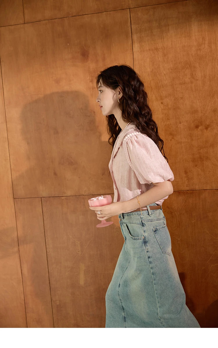 MISHOW Retro Pink Short Sleeved Shirt 2024 Summer V-neck Folded Ruffled Edge Top Elastic Cuffs Lapel Neck Blouses MXD29C0273