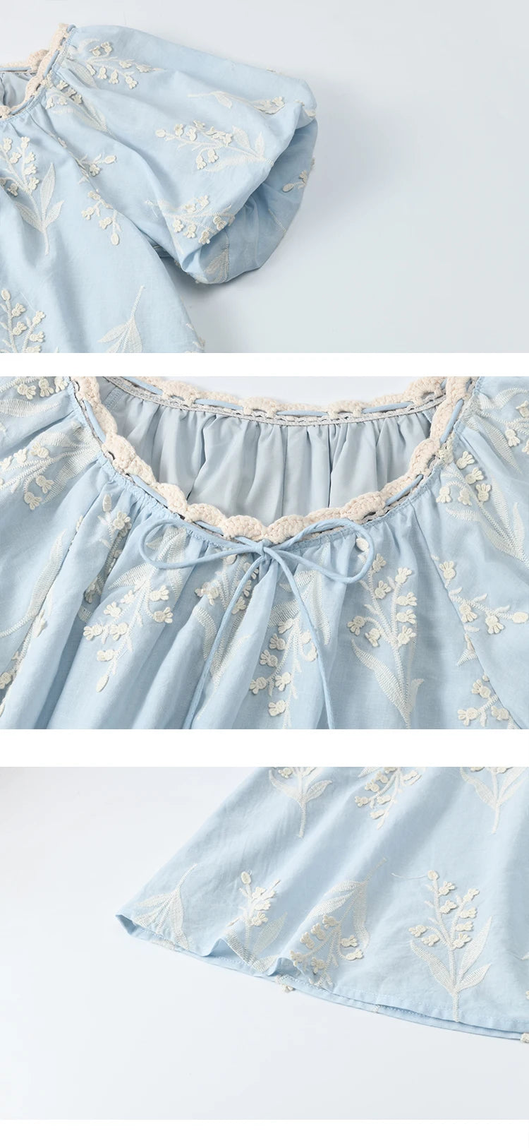 MISHOW Blue Pure Cotton Embroidered Blouses 2025 Summer Wave Edged O-neck Tops Contrasting Lace Up Loose Doll Blouses MXE35X1791