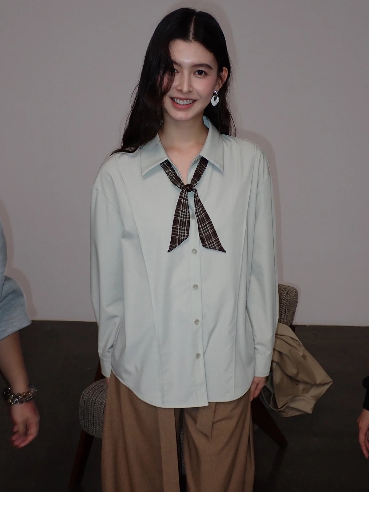 MISHOW Women's Casual Loose Shirt with Plaid Scarf 2026 Spring Lapel Tops Versatile Long Sleeve Shirts Office Lady MXF108C0815