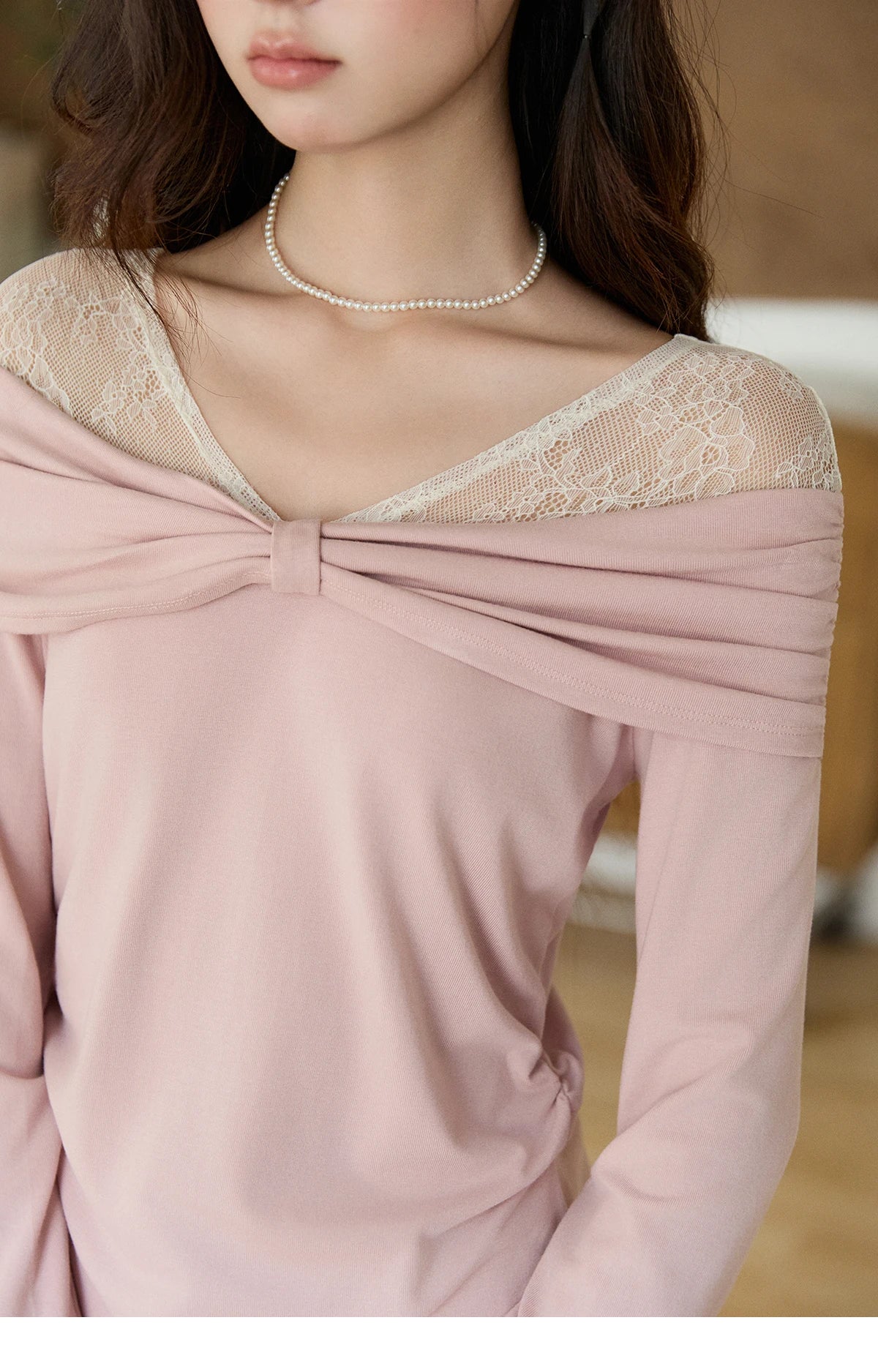 MISHOW Women's Lace Patchwork One Shoulder T-shirt 2026 Spring Twist Casual Slim Tees Sweet Pink Long Sleeve Tops MXF108Z1026