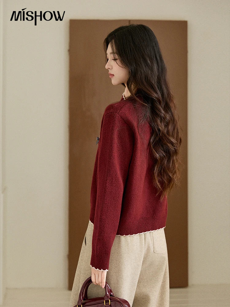 MISHOW Women's Burgundy Knitted Sweater 2025 Winter Poodle Pattern Ruffled Trim Crew Neck Sweater Warm Pullover Tops MXE93Z2949