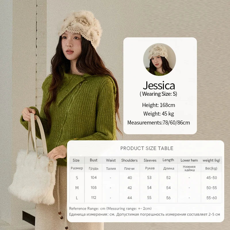 MISHOW Woman Green Sweater 2025 Winter Wool Blend Long-pile Large Lapel Knit Top Loose Design Commute Pullovers MXE90Z2760