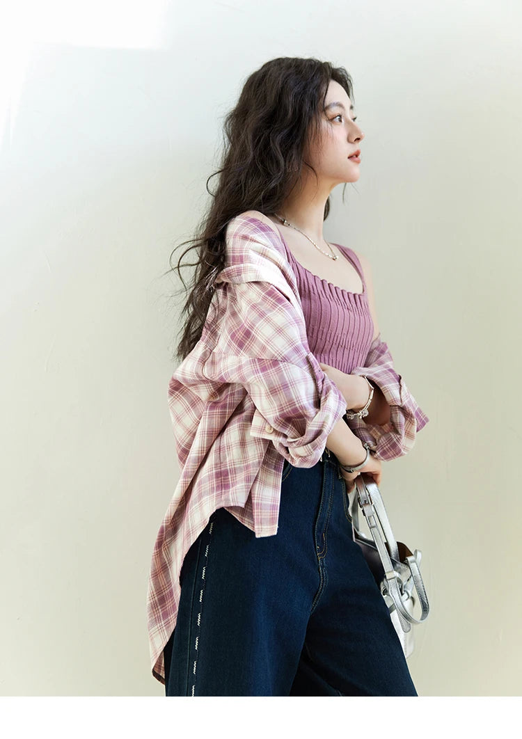 MISHOW Women's 100 Cotton Long-sleeve Purple Plaid Shirt Spring 2025 Loose Pockets Casual Shirts Korean Polo Neck Top MXE14C0417