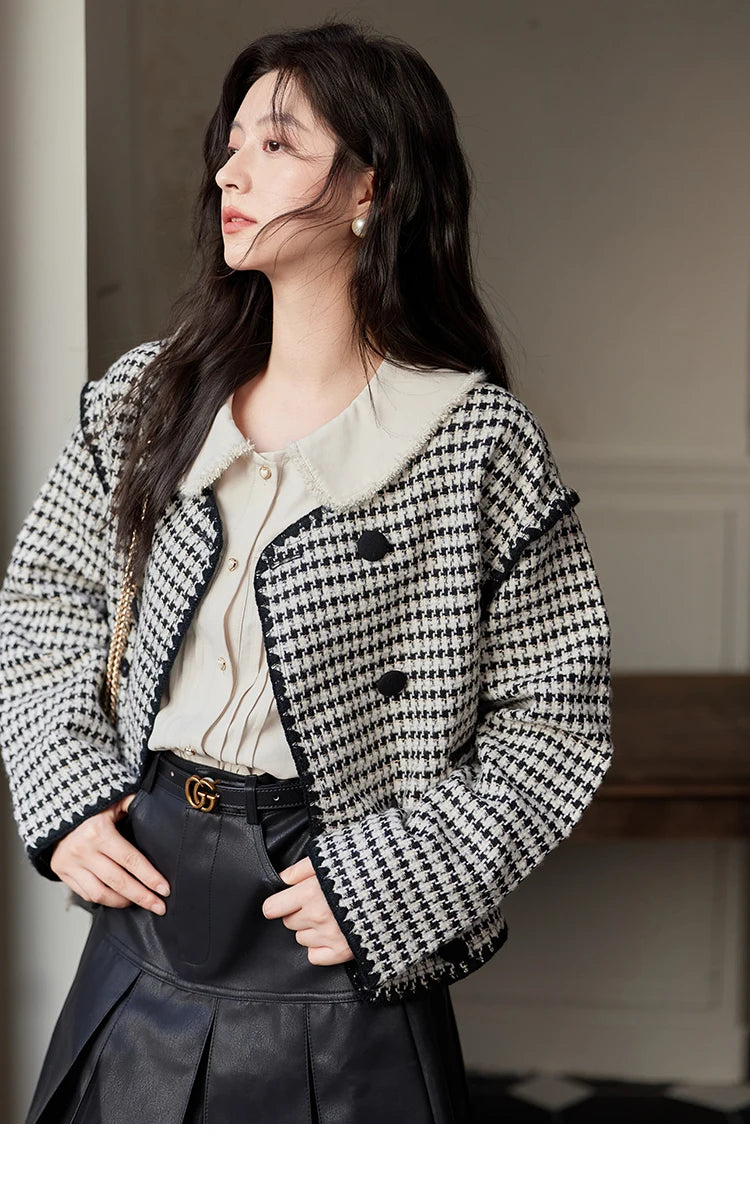 MISHOW Plaid Tweed Jacket Women Red Double Breasted Long Sleeve Tops 2024 Winter French Elegant Design Short Coat MXD56W0631