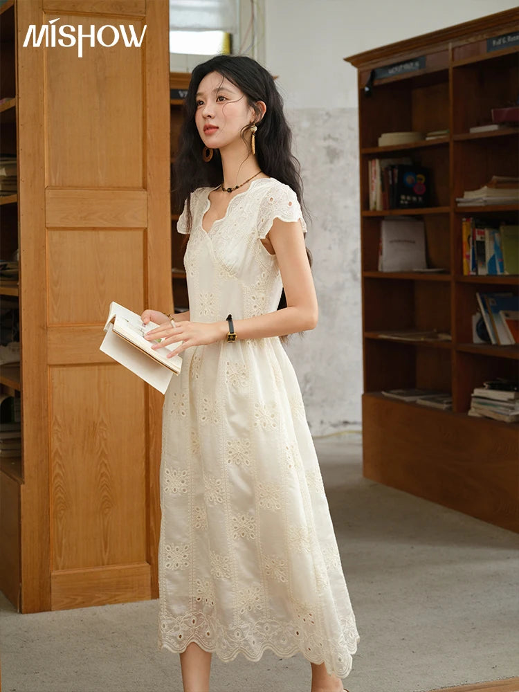 MISHOW Women's Flying Sleeve V-neck Hollow Dress 2025 Summer Embroidery A-line Dress Seaside Vacation Long Dresses MXE39L2404