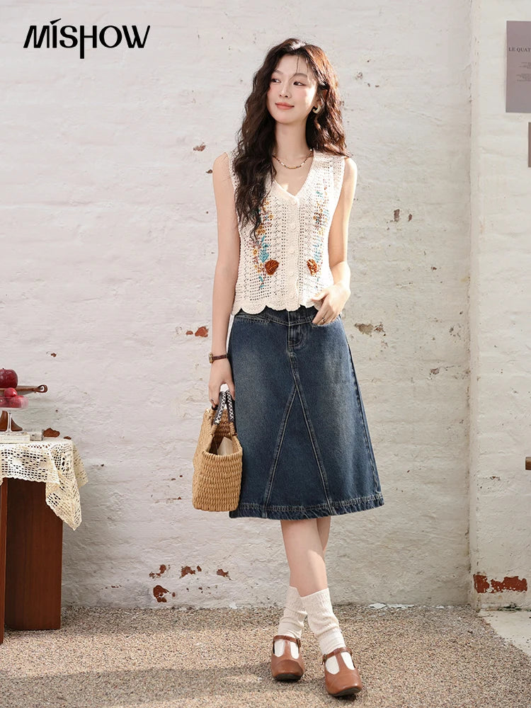 MISHOW Denim Fishtail Skirt 2024 Summer Retro Casual Love Embroidered Pockets Skirt A-line Umbrella Knee-Length Skirt MXD28B0414