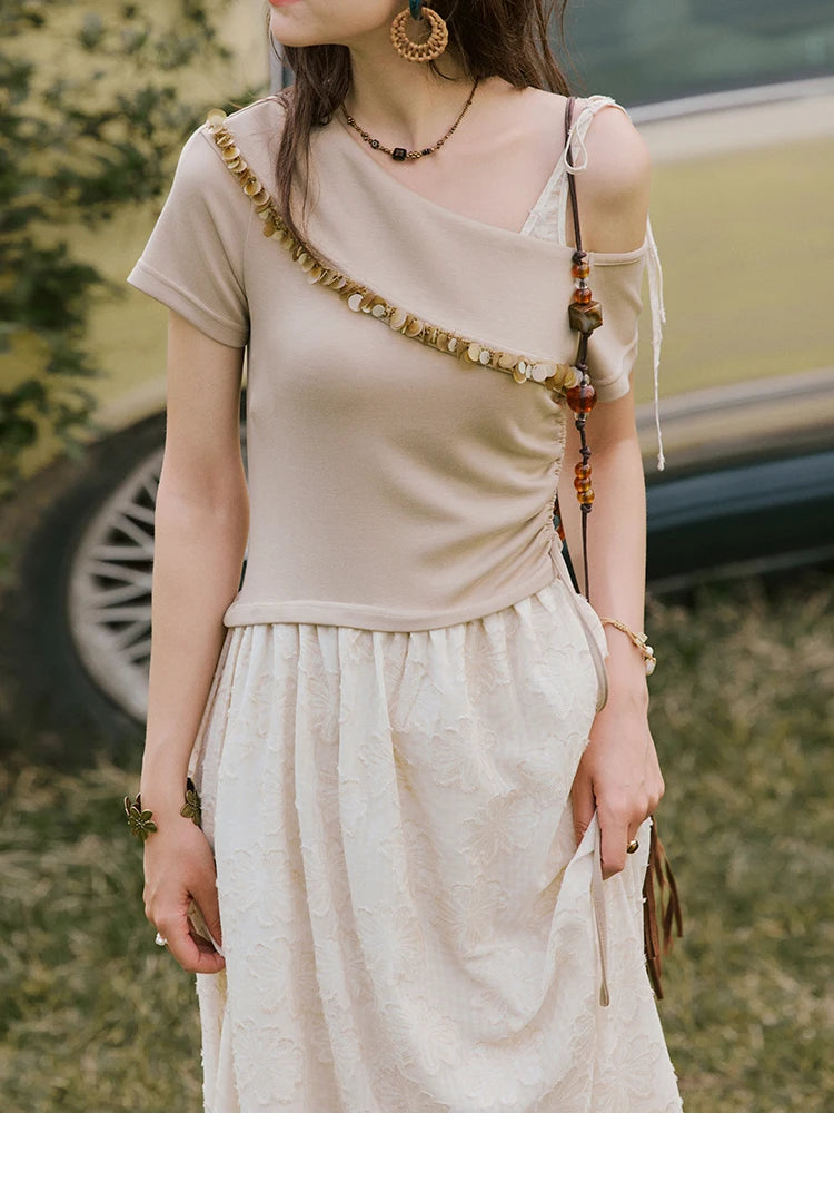 MISHOW Holiday Summer Dresses Women New 2025 Short Sleeve Off-shoulder Knitted Patchwork Midi Dress Female Slimming MXE33L2207