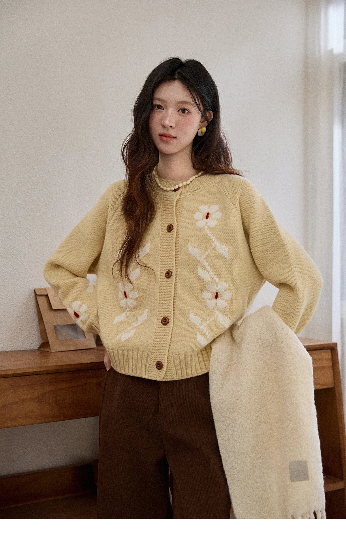 Mishow Yellow Floral Jacquard Retro Cardigan MXE86Z2738
